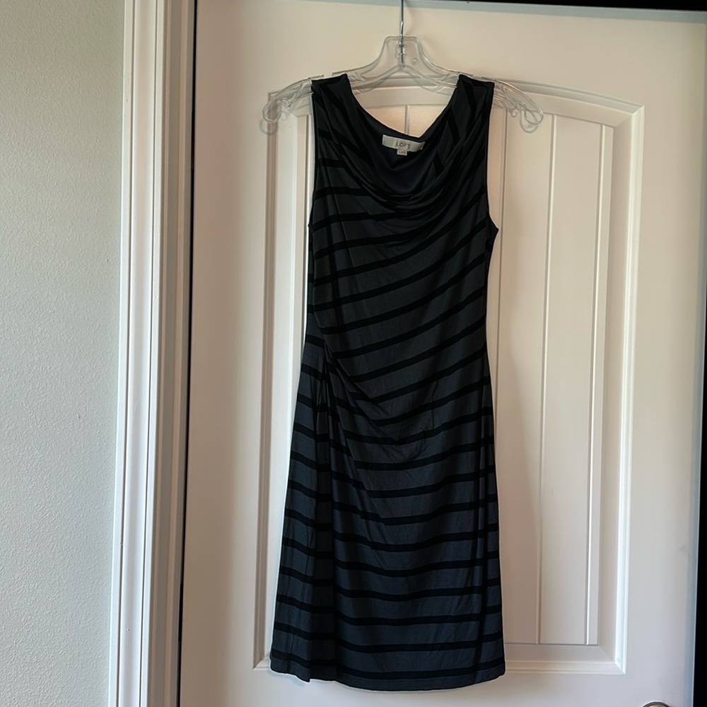 Loft size Small Black/Grey Striped Cowl Neck Jersey Dress with side ruching
